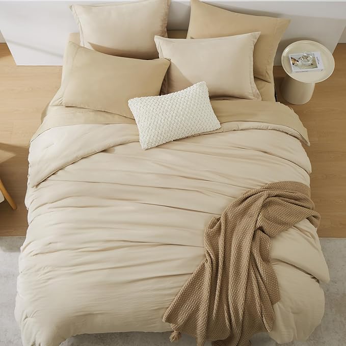 WRENSONGE Twin Comforter Set- 5 Pieces Beige, All Season Twin XL Bedding Sets with 1 Fitted Sheet, 1 Flat Sheet, 1 Pillow Sham and 1 Pillowcase