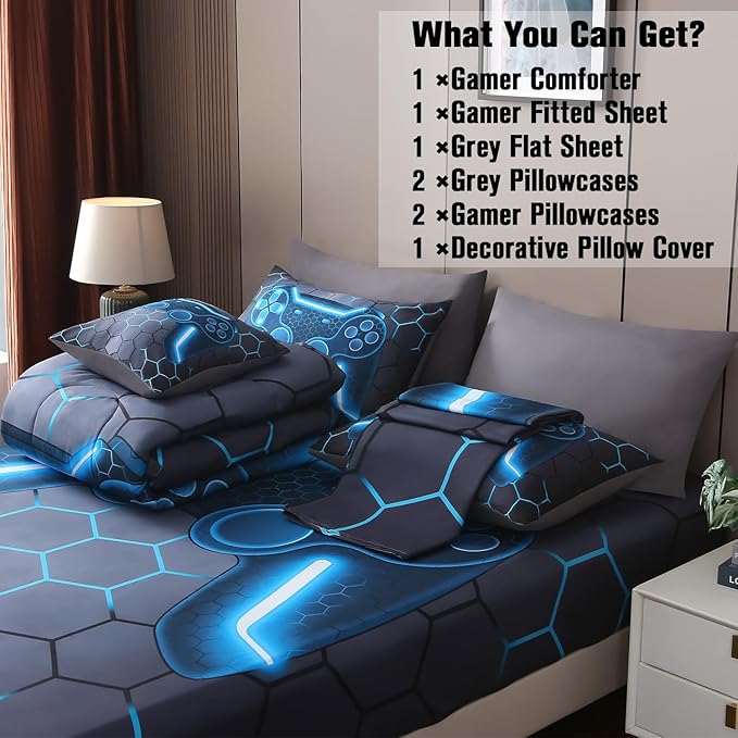 JQinHome Queen Gamer Comforter Set 8 Piece Bed in A Bag for Boys,3D Video Game Bedding -All Season Soft Microfiber Down Alternative Comforter Gamer Bedding Sets for Kids (Blue)