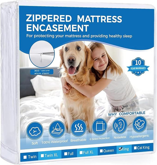 Zippered Split King Mattress Protector, 39" x 80" (2PCs) Soft Terry Surface Mattress Encasement, Absorbent 6-Side Waterproof Mattress Cover, 9 Inches Deep, Hypoallergenic & Noiseless