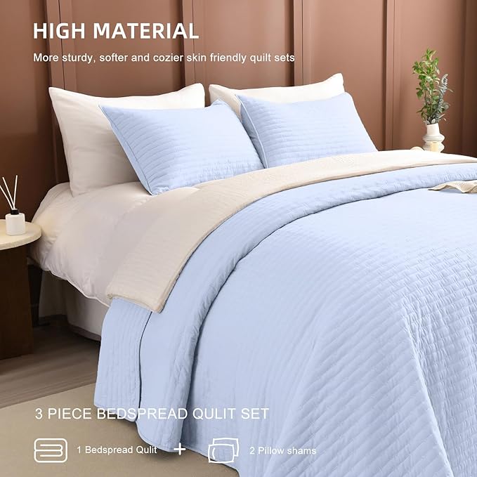 Lady Ann Light Blue Oversized King Bedspreads 128x120, Extra Large 3PCS Oversized King Quilt Set for Bed, Lightweight & Ultra-Soft Thin ComforterFarmhouse Bedspreads & Coverlets