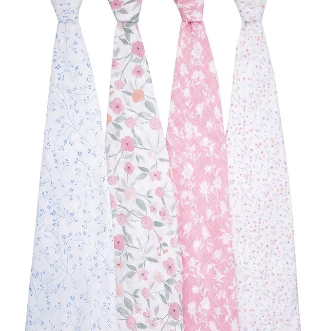 aden + anais Boutique Muslin Swaddle Blanket for Baby Girls and Boys, Newborn Receiving Blanket for Swaddling, 100% Muslin Cotton Swaddle Wrap, 4 Pack, Mon Fleur