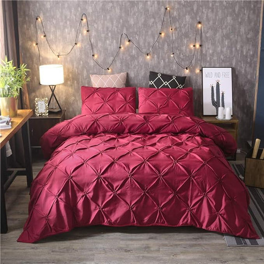 Feelyou Pinch Pleated Duvet Cover with Zipper Closure Pintuck Comforter Cover Set Twin Size Luxurious Pintuck Tufted Bedding Set Solid Red Microfiber Bedspread Cover with 1 Pillow Shams Soft