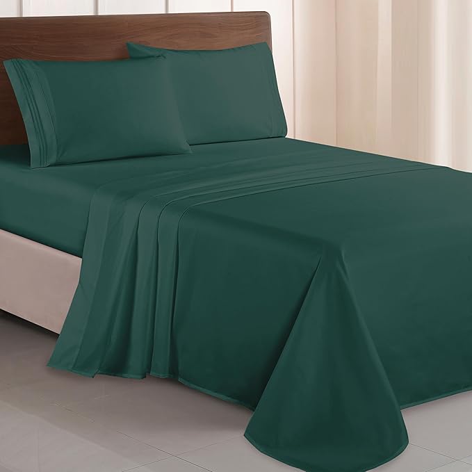 Elegant Comfort Luxurious 1500 Premium Hotel Quality Microfiber Three Line Embroidered Softest 4-Piece Bed Sheet Set, Wrinkle and Fade Resistant, Full, Hunter Green