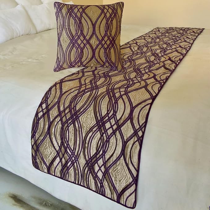 The HomeCentric King/Queen/Twin Plum Designer CA King 86"x18" Bed Runner with Pillow Cover, Quilted Bed Scarf on Jacquard Fabric - Plum Swirls