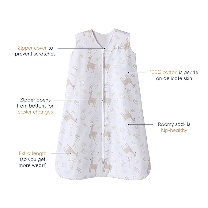 HALO SleepSack, 100% Cotton Wearable Blanket, Swaddle Transition Sleeping Bag, TOG 0.5, Llama Sand, Large, 12-18 Months