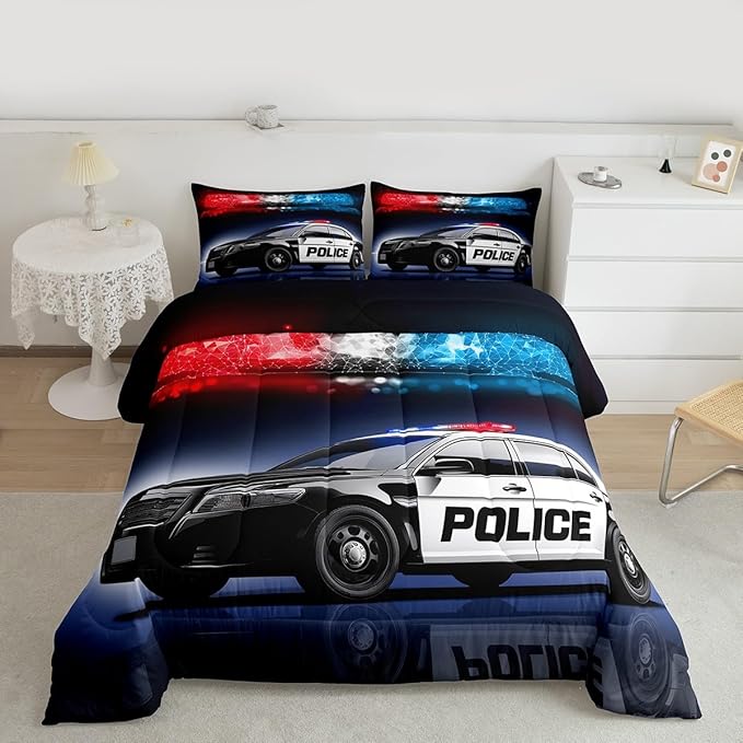 Erosebridal Police Car Comforter Sets Twin Size,Policeman Vehicle Bedding Set for Kids Boys Children,Red Blue Cop Lights Down Comforter Geometric Graphics Duvet Sets Bedroom Decor with 1 Pillow Case