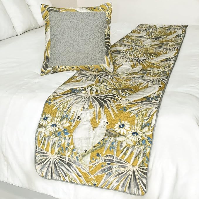 The HomeCentric King/Queen/Twin Grey & Yellow Decorative CA King 86"x18" Bed Runner with Pillow Cover, Cockatoo Bird & Quilted Bed Scarf on Cotton Fabric - Cockatoo Love