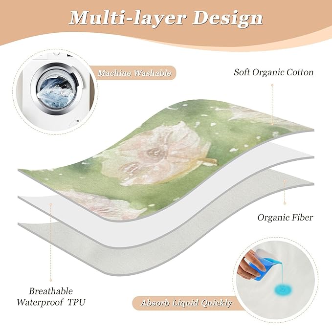 Waterproof Bed Pad Reusable Changing Pad Toddler Mattress Protector Large Pee Pad Baby Diaper Pad Soft Washable Liner Green White Flower