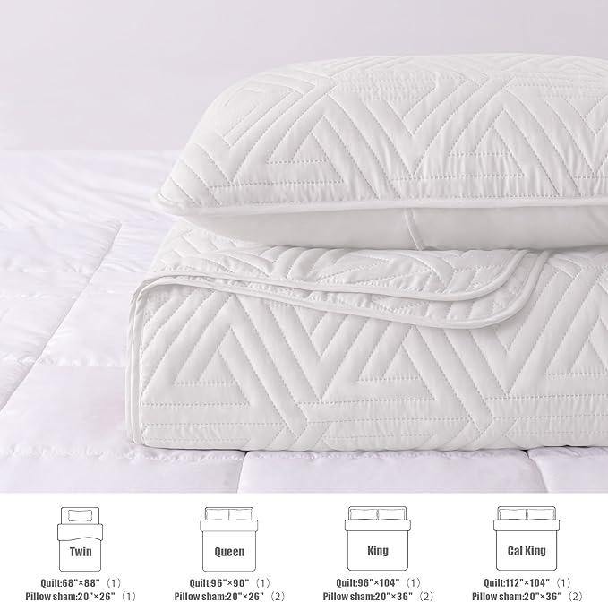 Whale Flotilla Soft Twin Size Quilt Set for All Seasons, 2-Piece Ultrasonic Geometric Quilts Bedding Set, Lightweight Reversible Bedspread, Coverlet, Bed Cover with Pillow Sham, White