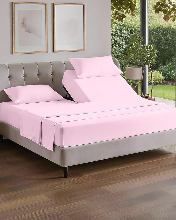 Split Head King Sheet Set – 4 Piece Flex Split Top King Sheets for Adjustable Beds - Fits 14” to 16" Mattress w/ Deep Pockets - Soft, Breathable & Cooling - Luxury Bedding & Wrinkle Free - Light Pink