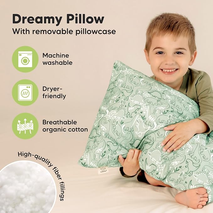 KeaBabies Toddler Pillow with Pillowcase, Jumbo 14X20 - Soft Organic Cotton Toddler Pillows for Sleeping - Machine Washable - Perfect for Travel, Toddler Bed Set (DinoDood)