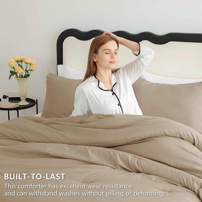 CozyLux Comforter Full Size Set Taupe, 3 Pieces Solid Lightweight Soft Bed Set for All Season, Luxury Breathable Quilted Style Microfiber Down Alternative Bedding Sets (1 Comforter & 2 Pillowcases)