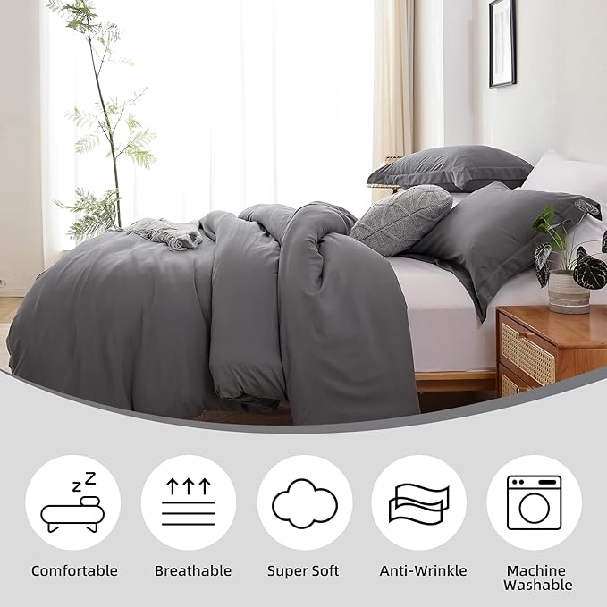 Whitney Home Textile Dark Grey Duvet Cover Set King Size - 3 Piece Luxury Soft Cooling Duvet Cover with Zipper Closure and Pillow Sham, Breathable Washed Brushed Microfiber, Comforter Not Included