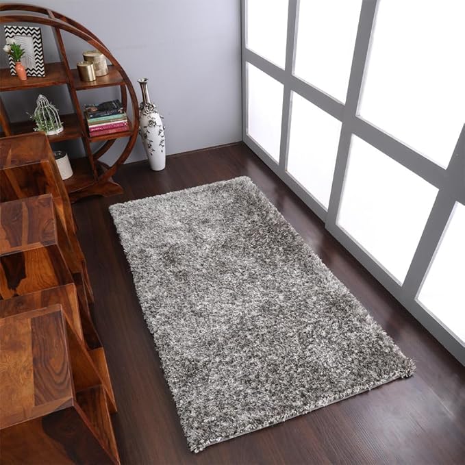 Hand Tufted SHAG Polyester ECO-Friendly Area Rugs - 5'x8', Rectangle, Gray White, Solid Plain Design, High Pile Thick Handmade Anti Skid Rugs for Living Room, Bed Room K00111