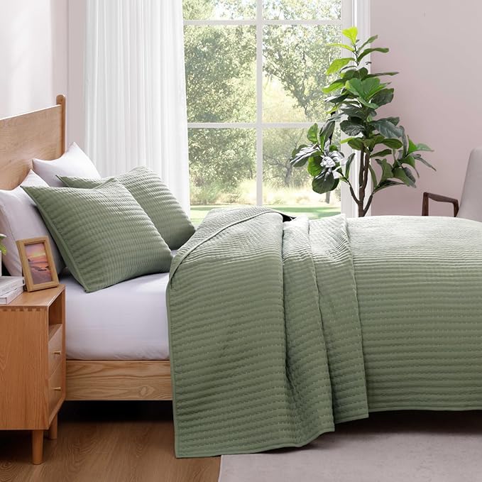 WRENSONGE Queen Quilt-3 Pieces Lightweight Bedspreads Sage Green Queen Size Quilt Bedding Set for All Seasons, Soft Summer Coverlet with 2 Pillow Shams Suitable for Bed, Couch