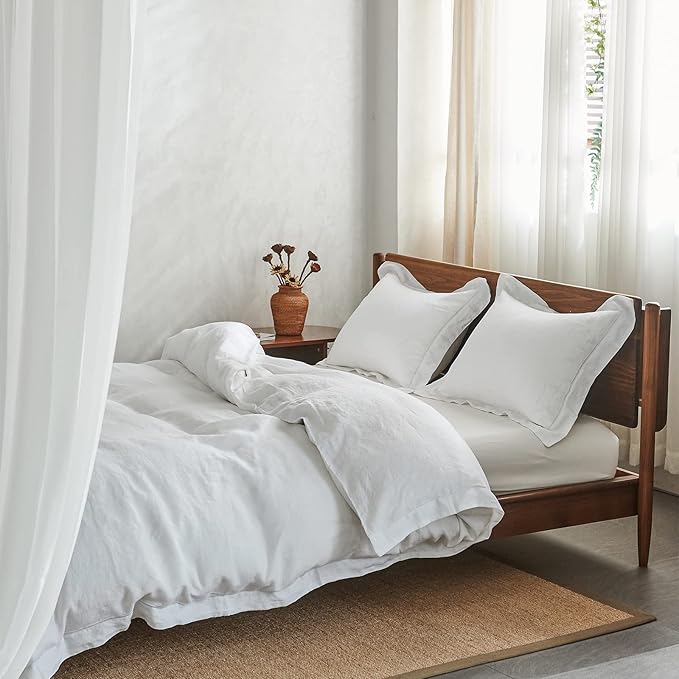 Simple&Opulence 100% Washed Linen Duvet Cover with Embroidered,3 Pieces Soft Farmhouse Comforter Set with Button Closure,1 Duvet Cover and 2 Pillowshams (California King,White)