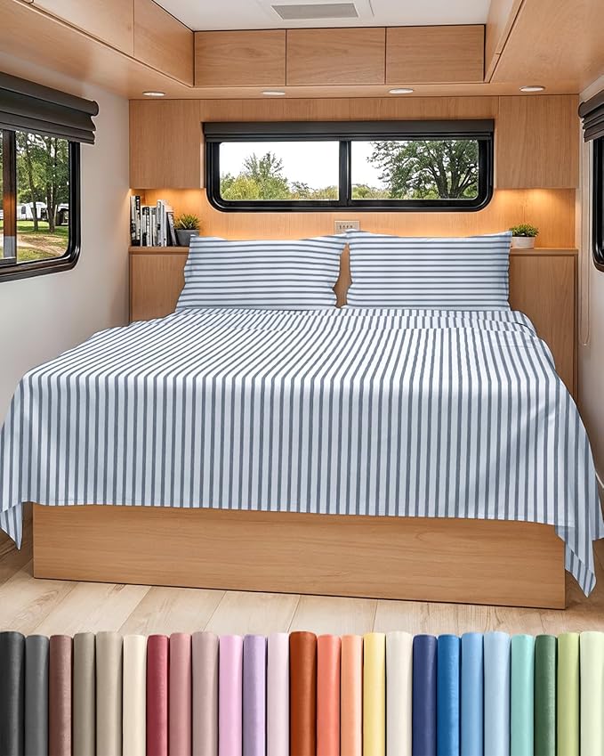 Short Queen Size 4 Piece Sheet Set - RV Short Queen, Soft, Breathable & Cooling Bed Sheets Set w/ Deep Pockets - Hotel Luxury Bedding for Women, Men, Kids, Teens, Boys & Girls, Oeko-Tex - Blue Stripes