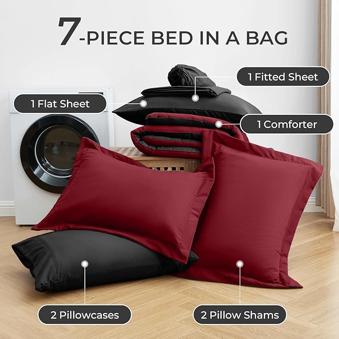 Sasttie Red & Black Queen Comforter Set, 7 Pieces Bed in a Bag Queen, Complete Bedding Set Includes Comforter, Flat Sheet, Fitted Sheet, Pillowcases and Pillow Shams, Burgundy