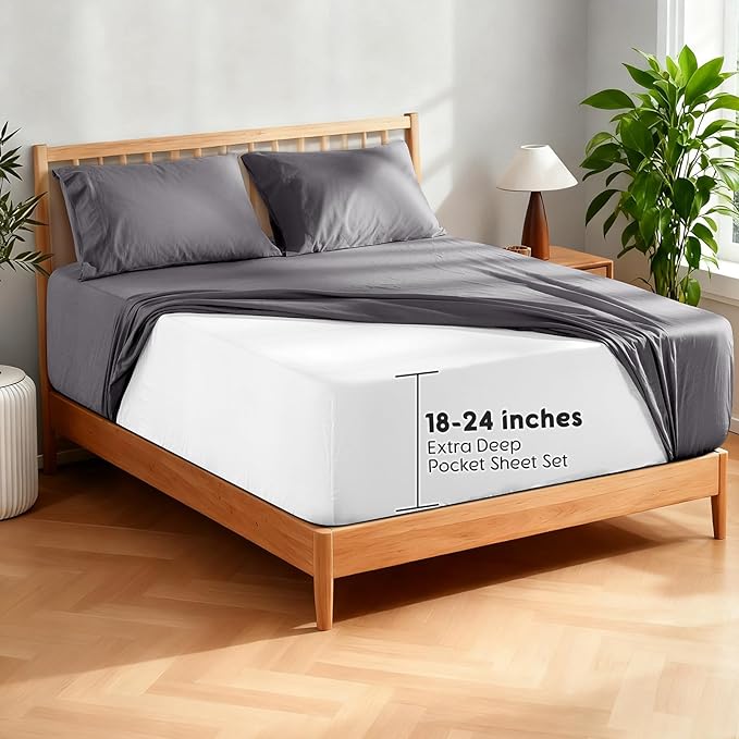 SONORO KATE 100% French Pure Linen Sheets, Extra Deep Pocket up to 18"-24", Breathable and Durable Linen Sheets, Anti-Tear Linen Bed Sheets, Machine Washable - 4 Piece (Dark Grey, King(24" deep))