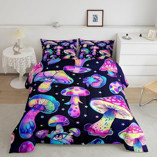 Mushroom Comforter Set King,Kawaii Trippy Botanical Bedding Set Psychedelic Plant Down Comforter for Kids Girls Teens Women Cartoon Cute Mushroom Room Decor Quilt Duvet Set with 2 Pillow Cases Black