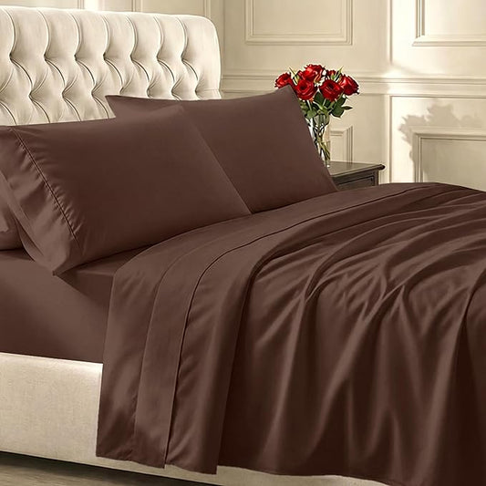 California Design Den Queen Sheet Set - Soft 400 Thread Count Sateen, Natural 100% Cotton Sheets for Queen Size Bed with Deep Pockets, and Durable Bedding Set - Espresso Chocolate Brown
