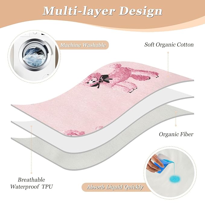 Waterproof Bed Pad Reusable Changing Pad Toddler Mattress Protector Large Pee Pad Baby Diaper Pad Soft Washable Liner Pink Cute Poodles