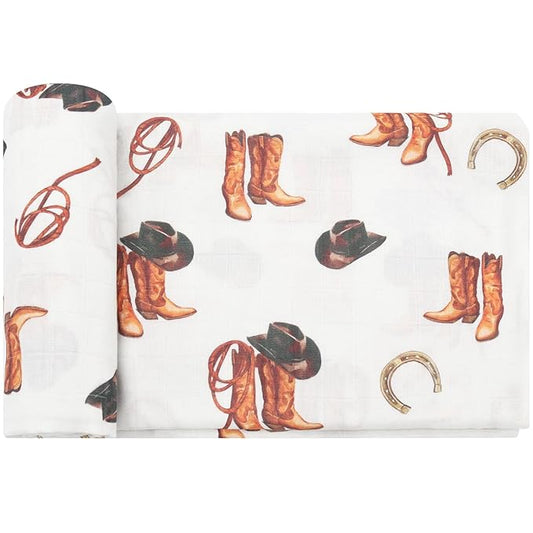 LifeTree Muslin Swaddle Blankets, Western Baby Swaddles for Boys Girls Newborn, Soft Large 47" x 47", Cowboy Boot Print Baby Blanket, 70% Viscose from Bamboo and 30% Cotton