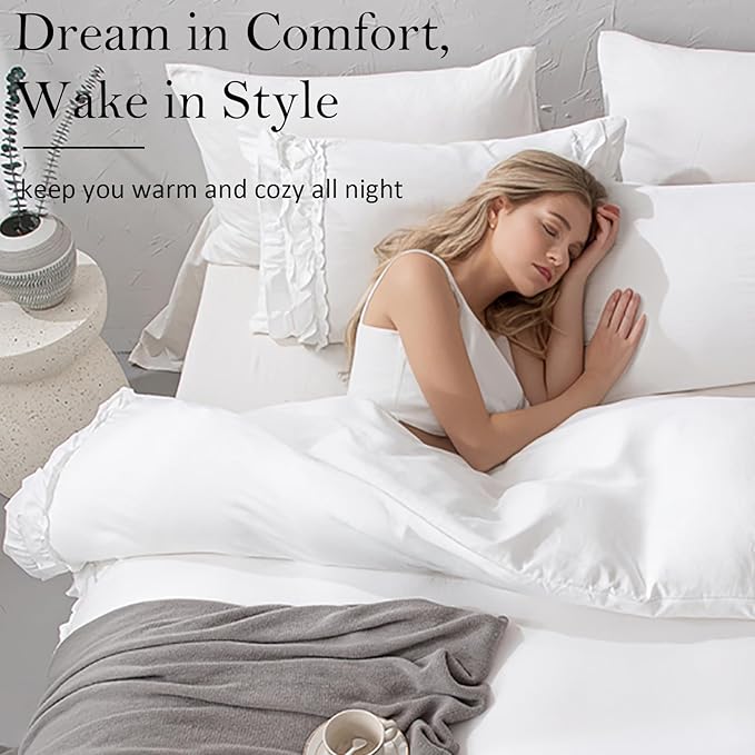 Bedorm White Ruffle Duvet Cover Queen Shabby Chic Bedding Set Pleat Ruffled Farmhouse Pure White Comforter Cover Extra Soft & Easy Care Boho Duvet Cover Set