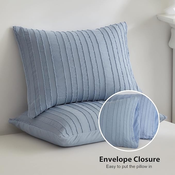 WARMDERN Blue Tufted Duvet Cover Set Queen Size, Striped Textured Duvet Cover Boho Bedding Set, 3 Pcs Ultra Soft Washed Microfiber Duvet Cover with Zipper Closure (Queen, Blue)