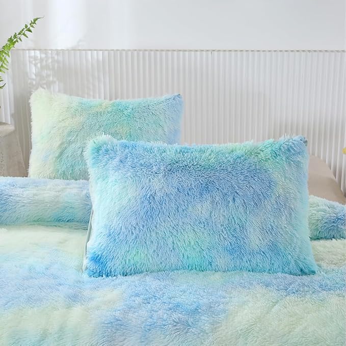 PERFEMET 3 Pcs Long Faux Fur Fluffy Full Comforter Sets Colorful Tie Dye Shaggy Furry Green Bedding Set for Girls Soft Plush Velvet Rainbow Bedding Quilt Set(Green, Full)