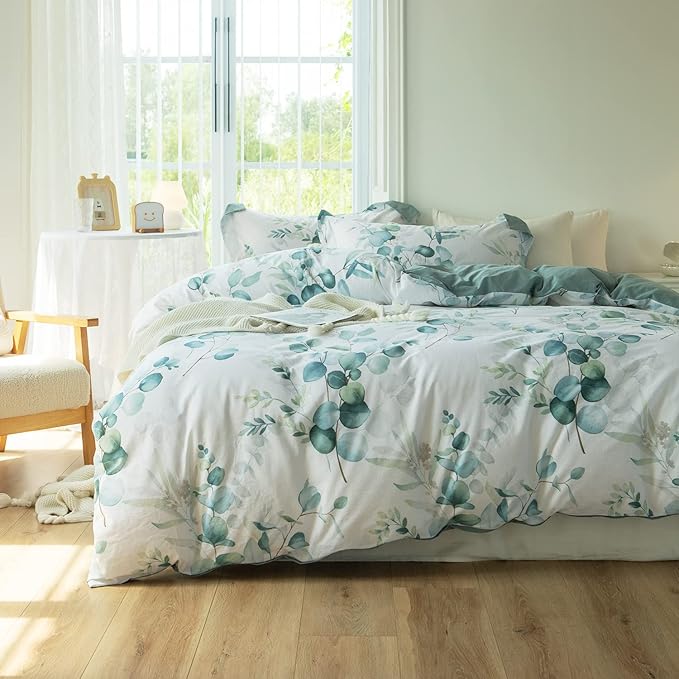 MILDLY Duvet Cover Leaf Pattern - 100% Washed Cotton Eucalyptus Printed Comforter Cover Sage Green Bedding Set with Zipper Closure 4 Ties Full Size