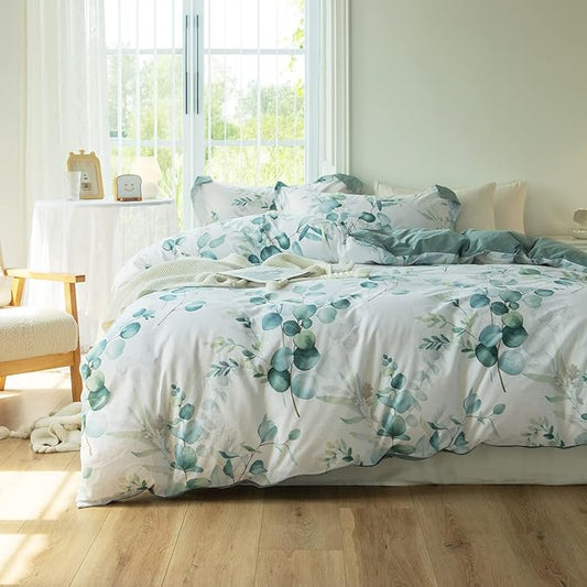 MILDLY Duvet Cover Leaf Pattern- 100% Washed Cotton Eucalyptus Printed Linen Feel Bedding Set Sage Green Comforter Cover with Zipper Closure 4 Ties King Size