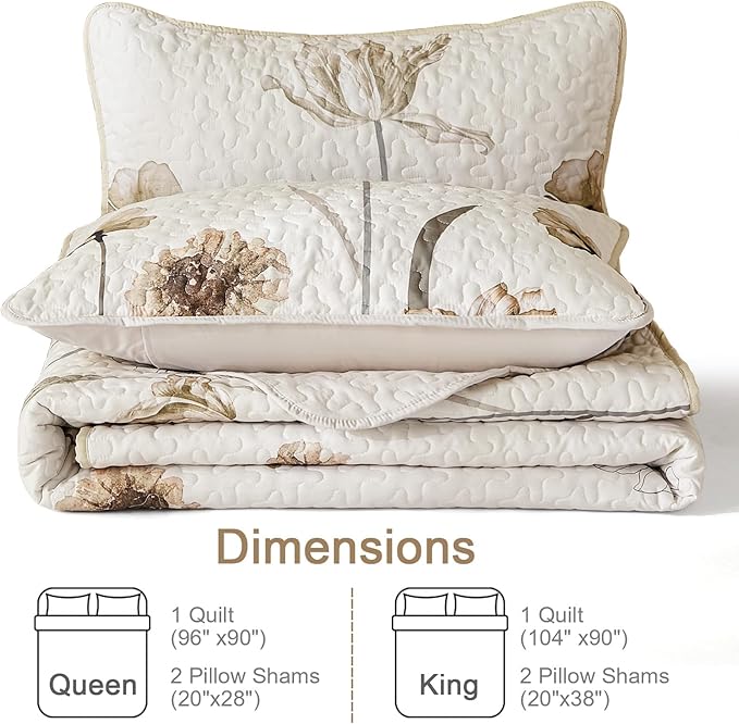 WONGS BEDDING Quilt Set Queen,Cute Floral Bedspread Coverlet Set,3 Pieces Brown Quilts Bed Cover,Lightweight Farmhouse Floewr Quilts Summer Bedding Set for All Season(96"x90")