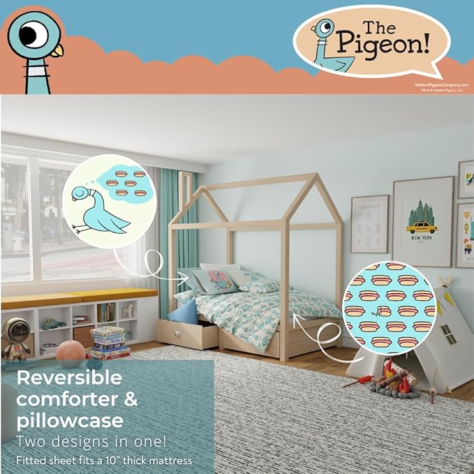 The Pigeon Finds A Hot Dog Twin Bedding Set – 5 Piece Super Soft Microfiber Reversible Comforter, Sheet Set & Sham - Book by Mo Willems (Officially Licensed Product) by Franco