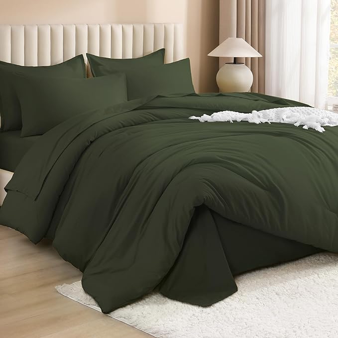 Litanika Super King Comforter Sets Olive Green - 7 Pieces Bed in a Bag Oversized King Bedding Comforter Sets, Solid Lightweight Bed Set with Comforter, Sheets, Pillowcases & Shams