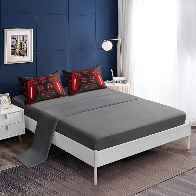 6 Pieces Bed in a Bag for Boys Bedding Sets Queen Size,Gamer Comforter Sets for Boys Kids, Gaming Comforter Set for Teens Room Decor with Flat Sheet,Fitted Sheet,Pillowcase,Cushion Cover