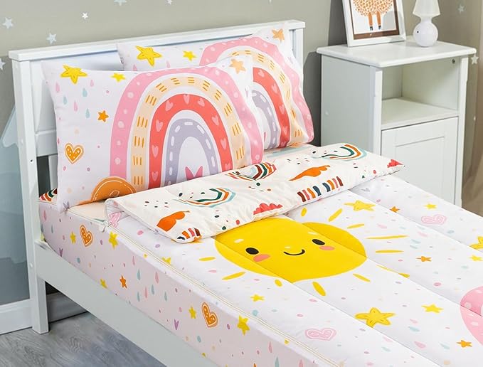 Meeting Story 3pcs Kids Comforter Set Zipper Bedding Set for Girls,Twin Kid Bedding Set Rainbow Comforter Set for Kid,All in one Zipper Bedding（White,Twin）