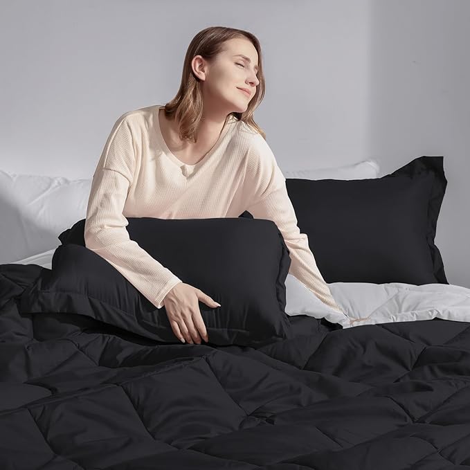 Basic Beyond Full Size Comforter Set - Black and Grey Comforter Set Full, Reversible Comforter Full Size Set, 1 Comforter (82"x92") and 2 Pillow Shams (20"x26"+2")