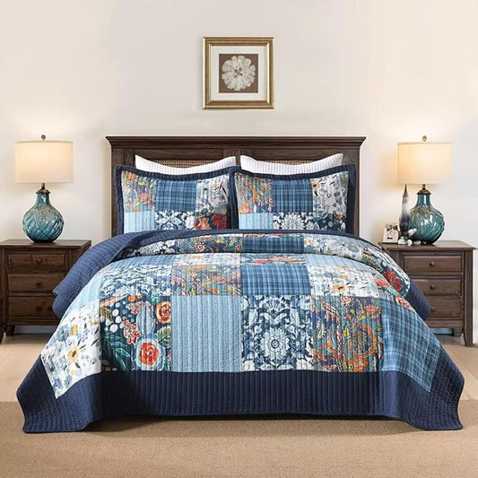 Autumn Dream Cotton Bedspread Quilt Sets Reversible Bedding Coverlet Sets, Luxury Vintage Paisley Floral Patchwork Blue Bedspread, Queen Size