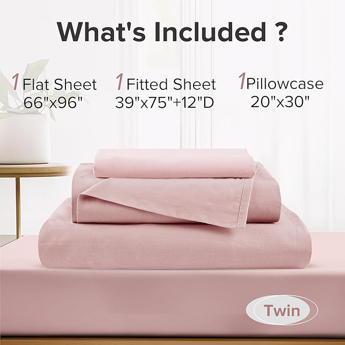 Comfort Spaces 100% Cotton Sheets Twin, Breathable & Ultra Soft Cotton Sheets, Naturally Cool Cotton Bed Sheets with 12" Elastic Pocket Fits up to 14" Mattress, All Seasons Sheet Set, Pink 3 Piece