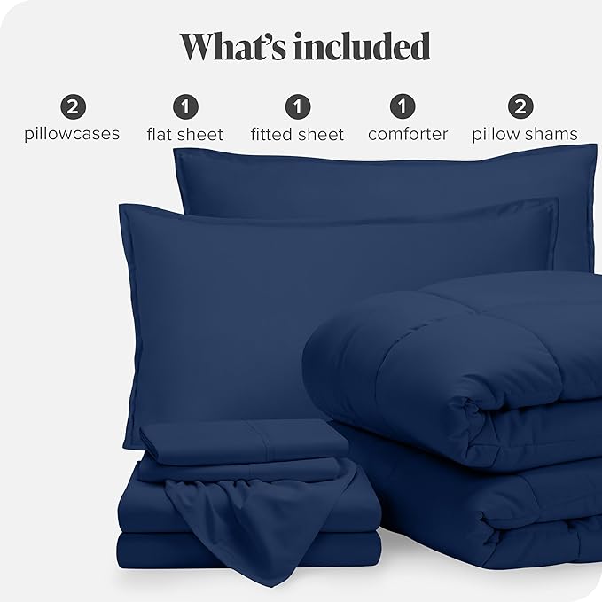 Bare Home Bed-in-A-Bag 7 Piece Comforter & Sheet Set - Full - Goose Down Alternative - Ultra-Soft 1800 Premium Bedding Set (Full, Dark Blue/Dark Blue)