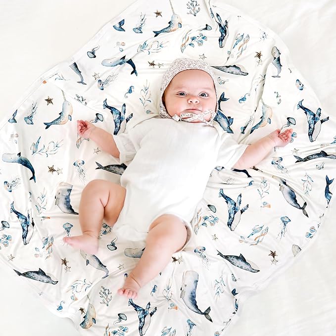 GRSSDER Reversible Baby Swaddle Blankets 2 Pack, Super Soft Jersey Knit Baby Quilt Blanket for Baby Boys, Stretchy Breathable Receiving Blankets 34 x 44 Extra Large for Swaddling, Sea Fish & Space