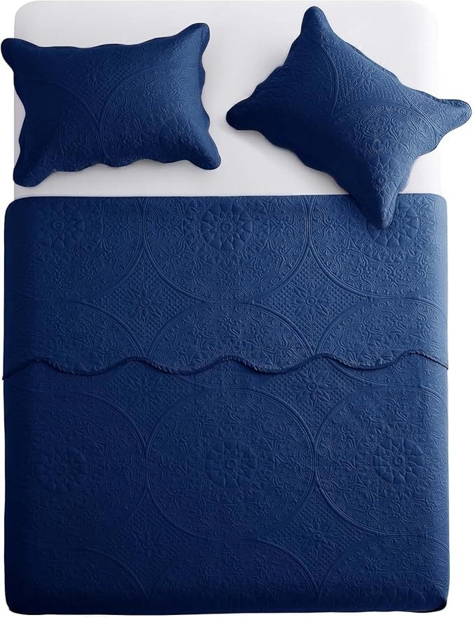 MOONLIGHT20015 Twin Quilt Bedding Set Size (66" x 86 ") + 1 Pillow Shams (20" x 26" + 2") - 2 Pcs All Season Lightweight Reversible Microfiber Coverlet Floral Embossed Quilt Bedspread (Navy)