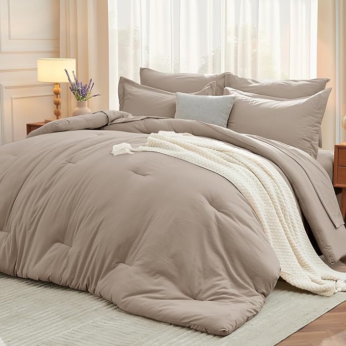 MUXHOMO 7 Pieces King Comforter Set, Soft Bed in a Bag King Size, All Season Bedding Set with Comforter, Flat Sheet, Fitted Sheet, Pillowcases & Shams, Linen