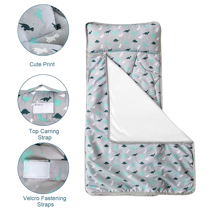 Toddler Nap Mat with Blanket 50" x 21" x 1.5", Nap Mat for Boys Girls Super Soft and Cozy, Kids Sleeping Bag for Preschool, Daycare, Toddler Sleeping Bag, Gray