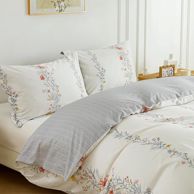 OAITE Duvet Cover Set Queen Size Floral Pattern Ultra Soft 100% Cotton Duvet Cover Sets 3-PC, Breathable Duvet Cover with Zipper Closure & Corner Ties(2 Pillow Shams,1 Duvet Cover)