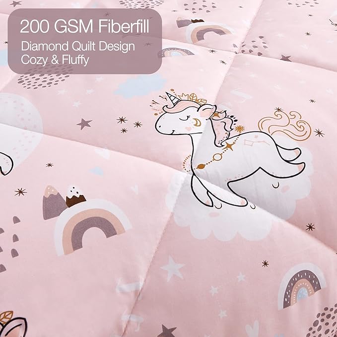 JSD Pink Unicorn Kids Comforter Set Full Size, 3 Piece Girls Rainbow Microfiber Comforter with Pillow Shams, Lightweight All Season Washable