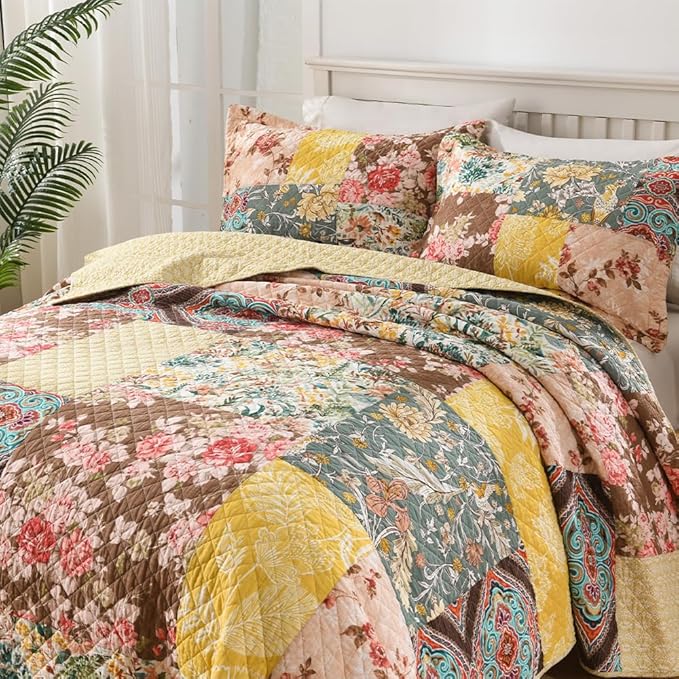 Autumn Dream Cotton Bedspread Quilt Sets Reversible Bedding Coverlet Sets, Luxury Vintage Floral Patchwork Yellow Bedspread, King Size | Breathable material, Reversible, Handmade patchwork, soft durable, Jacquard stitching