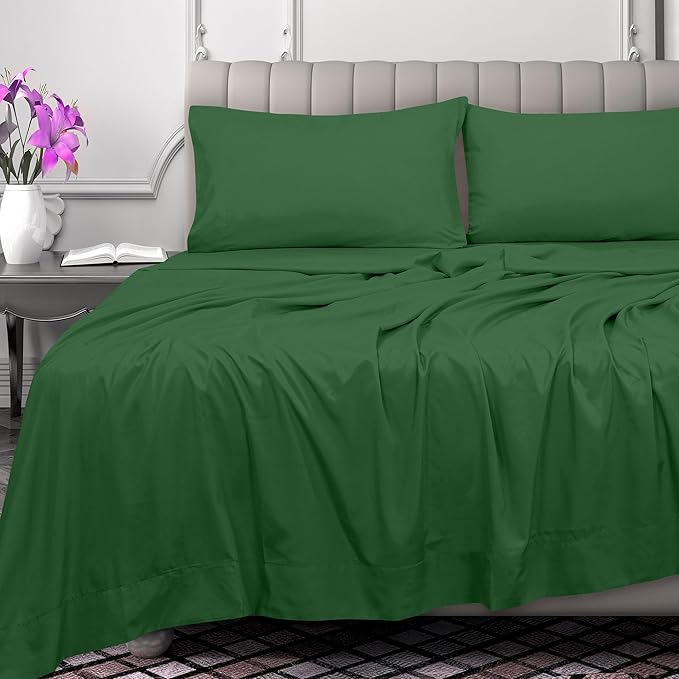 Royale Linens 300 Thread Count 100% Long Staple Combed Cotton Flat Sheet - Super Soft - Top Sheets - Cal King Flat Sheet Sold Separately -Breathable, Cool & Crisp Sheets Only (Cal King, Hunter Green)
