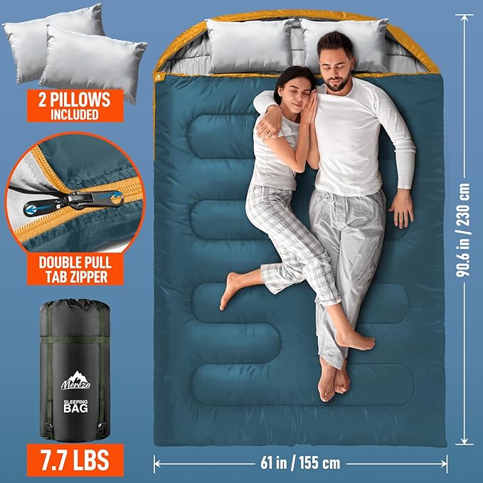 MEREZA Double Sleeping Bag for Adults Mens with Pillow, XL Queen Size Two Person Sleeping Bag for All Season Camping Hiking Backpacking 2 Person Sleeping Bags for Cold Weather & Warm